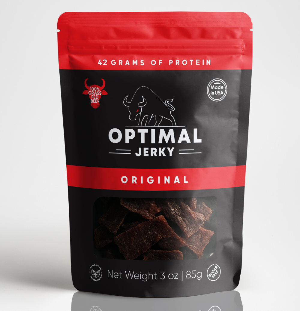 Optimal Jerky bag of grass-fed beef jerky with 42g of protein and zero sugar