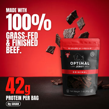 Optimal Jerky zero sugar beef jerky: 100% grass-fed and grass-finished beef, 42g protein per bag, 0g sugar