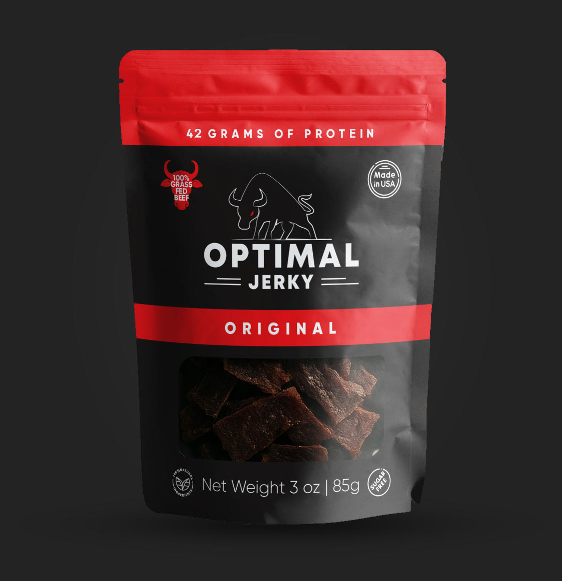 Optimal Jerky bag of grass-fed beef jerky with 42g of protein and zero sugar
